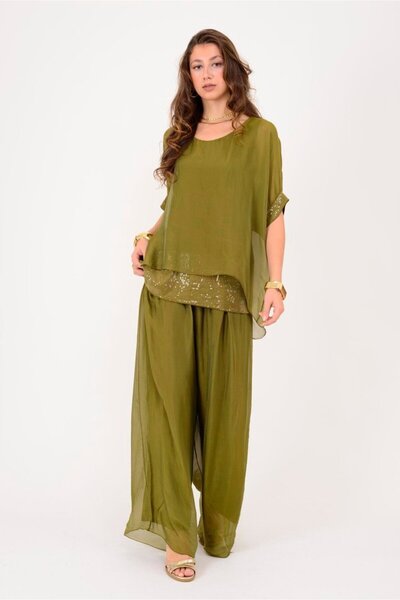 elite aura collectıon Sequin Detailed 2-Piece Silk Set