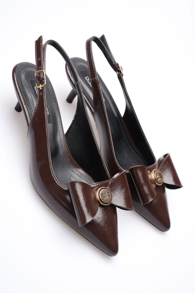 AleWomen Margaret Brown Patent Leather Low Heel Bow Buckle Detailed Slingback Women's Shoes