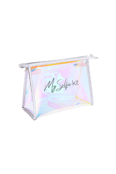 Juene Hologram Biyeli Gümüş Büyük Üçgen Makyaj Çantası / PVC / Metal Kaliteli...