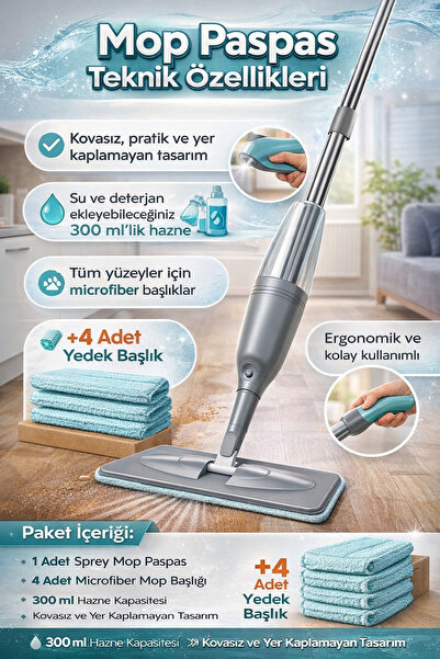 Eco Lounge Sprey Mop Paspas 300 ml Hazneli Kovasız Yer Kaplamayan +4 Mikrofib...