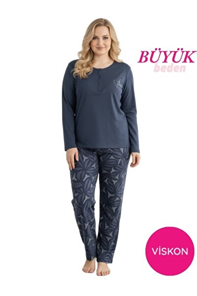 seamlife Women's Plus Size Patterned Crew Neck 3-Button Transitional Stretch Fabric Viscose Long Sleeve Pajama Set