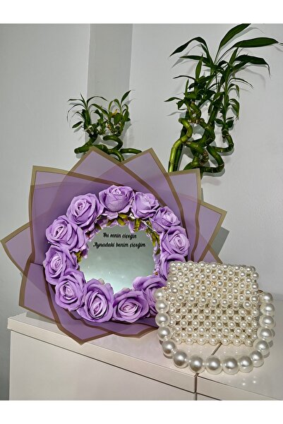 Pretty Solmayan Aynalı Lila Gül Buketi Ve İnci Abiye Çanta Seti Sevgililer Gü...