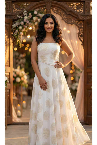 LEBUDA FASHION Gold Spiral Desenli Askılı Uzun Abiye Elbise – Düğün, Nişan, Mezuniyet ve Özel Davet Elbisesi