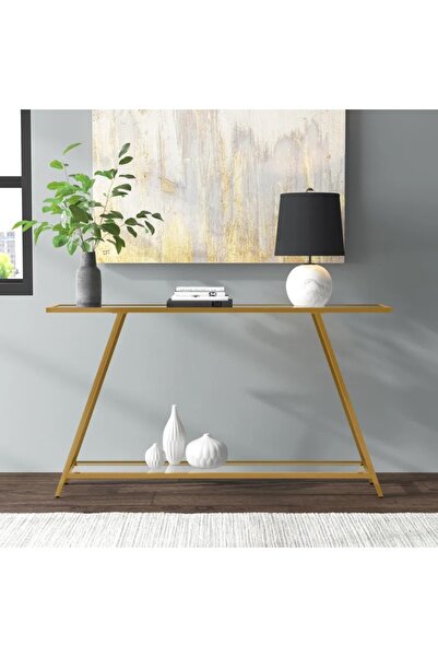 genric طاولة كونسول معدنية من ون ديكور مع رفوف زجاجية شفافة مزدوجة - أثاث عصري للمدخل باللون الأسود