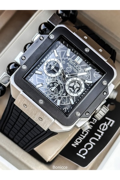 Ferrucci Fosforlu, fonksiyonları aktif , Siyah Silikon Kordon Spor Erkek Kol Saati+Bileklik