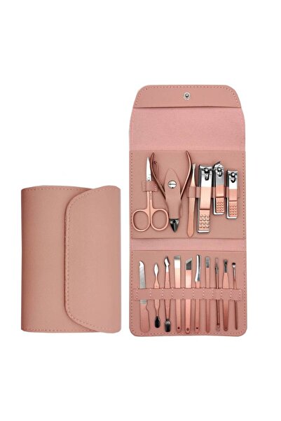 The Hub Set manichiură pedichiură 16 piese, cu husă din piele ecologică, roz