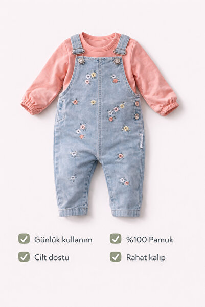MYZİ STORE Baby Girl Top and Bottom Set with Floral Embroidery Long Sleeve Cotton Casual Set 100% Cotton