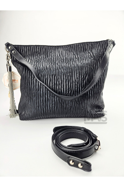 DSN Black Embossed Faux Leather Hand and Shoulder Bag with Charm Accessories