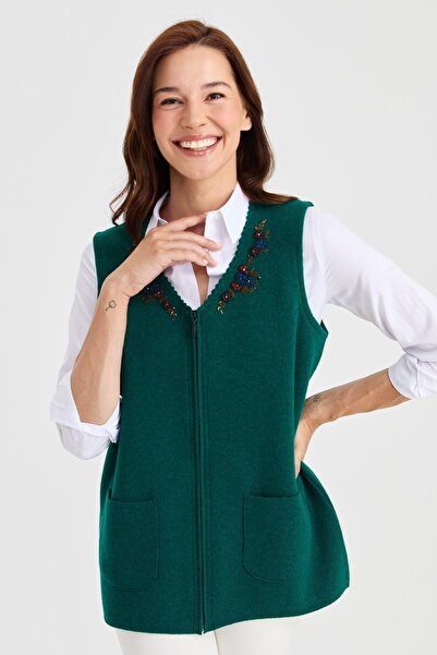 MARE BUTİK Embroidery Detailed Zippered Knitwear Vest - Green