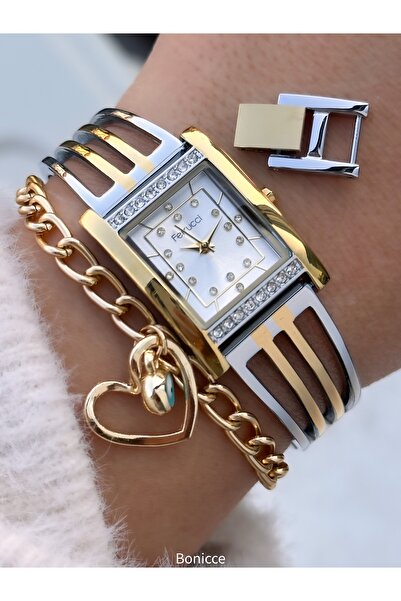 Ferrucci ساعة يد نسائية + سوار - موديل كابل (وصل حديثًا) حافظة مرصعة بالأحجار، سوار فولاذي بلون أصفر فضي