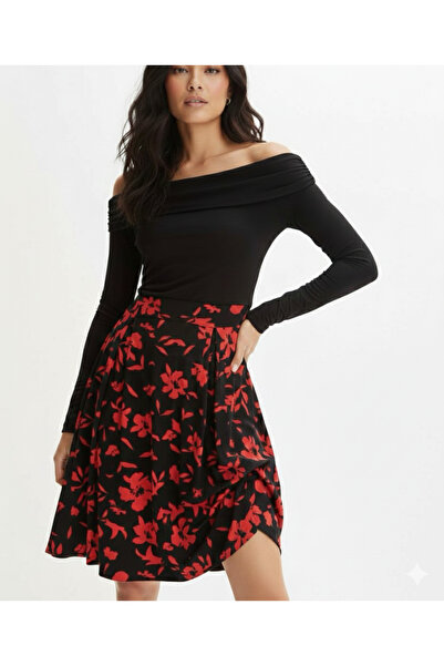 PURPLE FIRE BOUTIQUE Kadın Madonna Yaka Desenli Viskon Mini Elbise