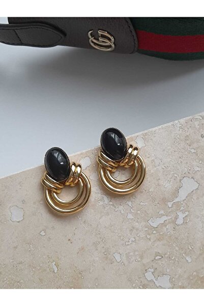 Bubbleatelier Siyah Taş Detaylı Vintage Gold Küpe