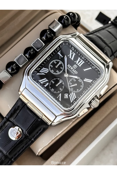 Reward ساعة يد رجالية بسوار جلدي، أسود، وظائف نشطة، مع تقويم + سوار معصم