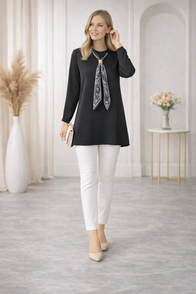 nacar çarşı Women's Long Sleeve Casual Tunic with Scarf Accessory