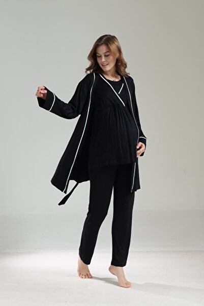 Lohusa Dünyasi Women's Piped Long Sleeve Maternity Pajama Set with Dressing G...