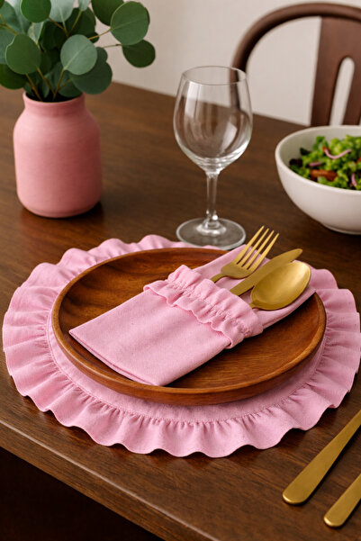 Mirilliahome 12-Piece Pink Raw Linen Tableware Set – Ruffled American Dinner Plate and Cutlery Holder / Napkin Holder
