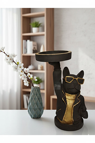 Dekoromi Dekoratif Tepsili Bulldog Köpek Obje Sunumluk Lüks Biblo (23x16cm)