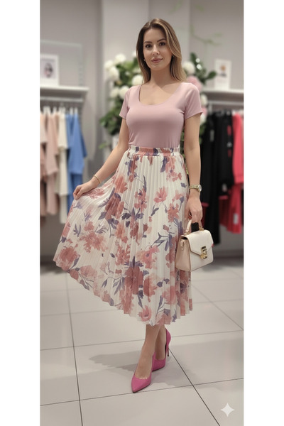 MODA Pudra pembe lastikli şık premium kalite organze şifon piliseli çiçekli etek