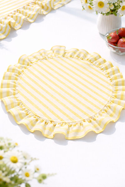 Mirilliahome Linen Frilly Placemat American Style Set of 6 Yellow and White Striped 40 cm Round