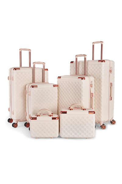 LİMRA 6-piece luggage set in sizes 32"/28"/24"/20"/15"/12" with a modern design in beige.