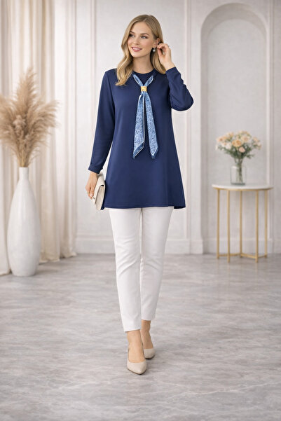 nacar çarşı Women's Long Sleeve Casual Tunic with Scarf Accessory