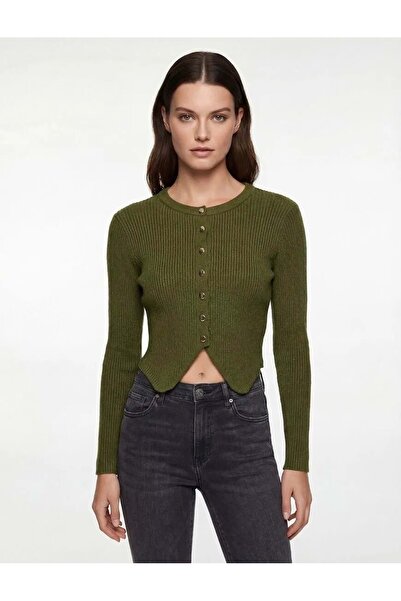 Koton Kadın Giyim Asimetrik Etek Ucu Detaylı Triko Hırka 6WAK90507HT Haki