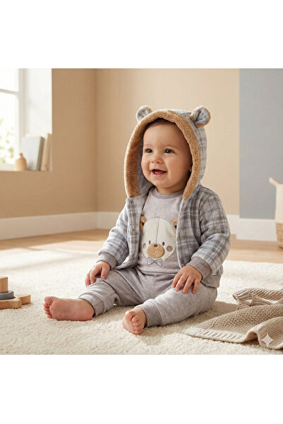 MYZİ STORE Плюшевий комплект для немовлят з вишивкою ведмедика, капюшоном і вушками, 3 предмети, 100% бавовна (0-3, 3-6, 6-9 місяців)