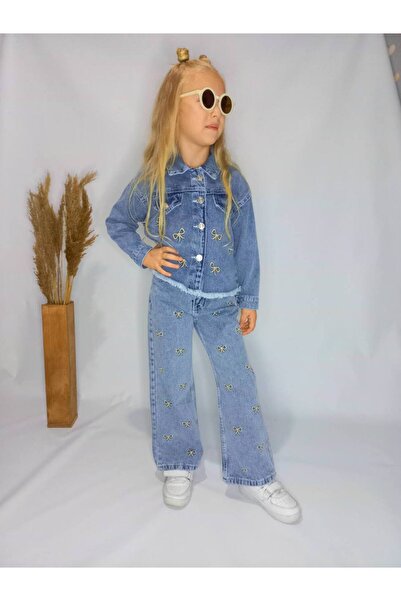 gnygiyim Set de pantaloni din denim pentru fete, cu detaliu de fundă, jachetă...