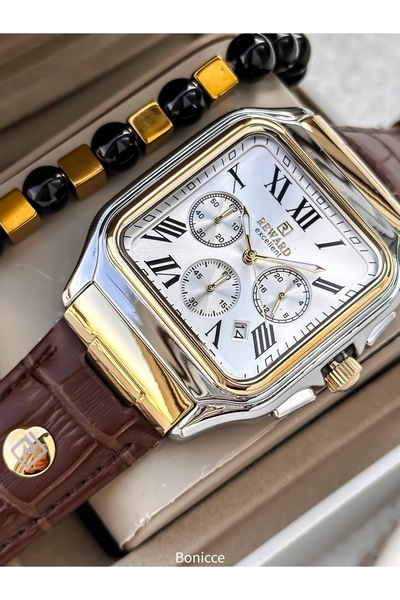 Reward ساعة يد رجالية بسوار جلدي، لون بني، الوظائف نشطة، مع تقويم + سوار معصم