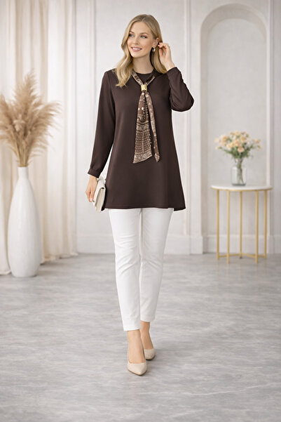 nacar çarşı Kadın Uzun Kollu Fular Aksesuarlı Günlük Tunik