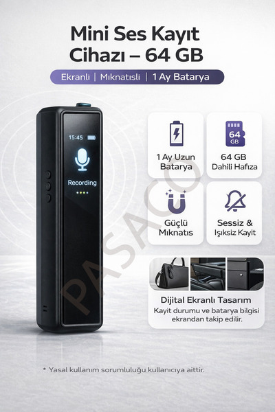PASACO 64GB Mini Ses Kayıt Cihazı Mıknatıslı Ekranlı 1 Ay Şarj Profesyonel Ka...
