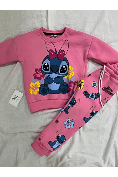 Kız Çocuk Pembe Stitch Karakter Baskılı Alt Üst Eşofman Takımı