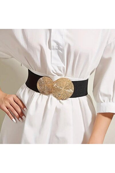 MODAM HİFA Gold Buckle Elastic Belt Women's Belt Dress Belt Shirt Belt Coat Belt