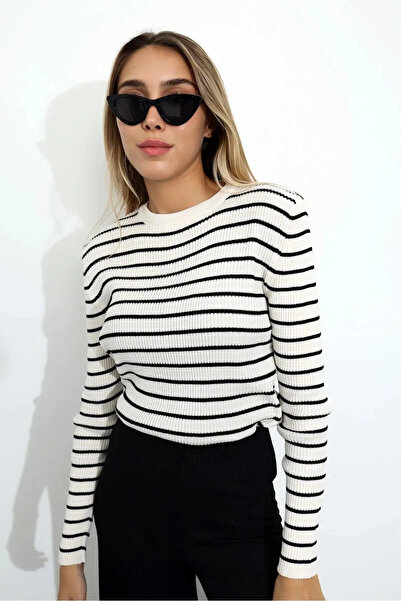 My Blog Ecru-Black Crew Neck Striped Knit Sweater