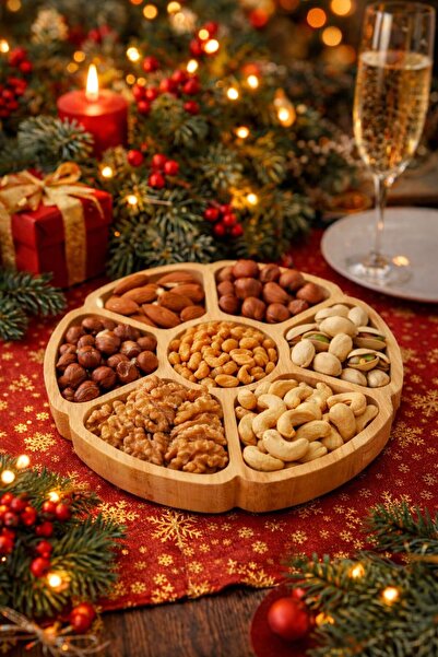 YUVOL 7 Bölmeli %100 Doğal Bambu Çerezlik Sunum Tahtası 20x20cm Çerez Tabağı