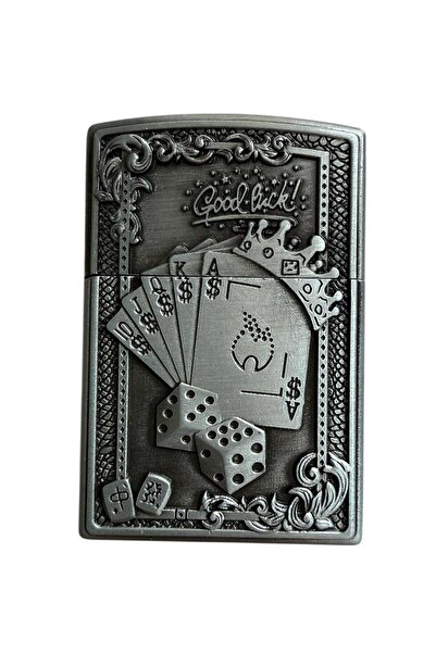 Web Antik Gümüş Renkli Zar İskambil Kabartmalı Metal Gazlı Çakmak