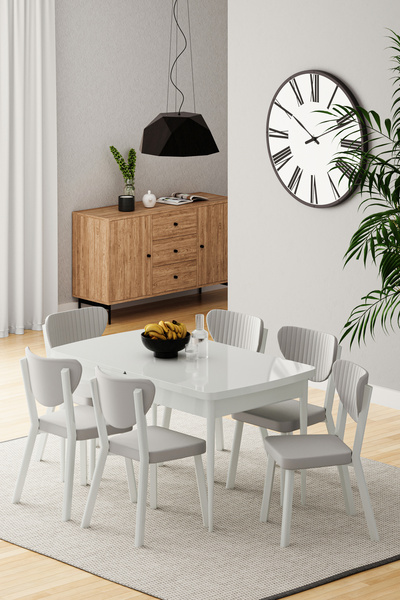 DEREN HOME Exven Serisi 80x132 Açılabilir Beyaz Masa Takımı 6 Adet AÇIK GRİ S...
