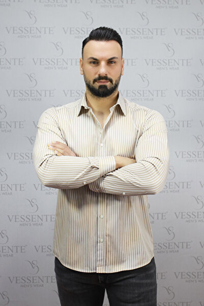 VESSENTE PREMIUM PAMUKLU SLIM FIT UZUN KOLLU ÇİZGİLİ KREM ERKEK GÖMLEK
