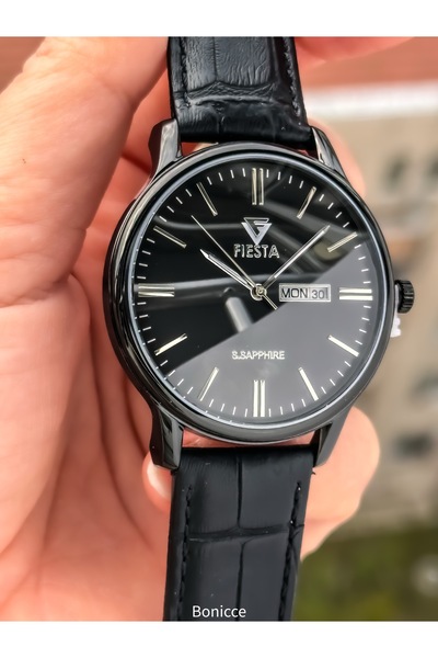 Fiesta Black Leather Cord, Steel Case, Men's Wristwatch with Calendar and Bracelet Gift