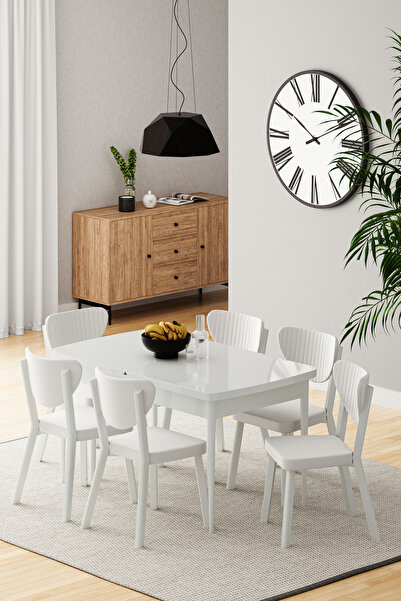 DEREN HOME Exven Serisi 80x132 Açılabilir Beyaz Masa Takımı 6 Adet KREM Sandalye