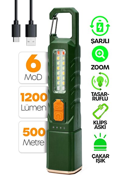 ALASTOR Şarjlı EL Feneri 6 MOD Karabina Askılı Çakarlı COB LED Kamp Lambası A...