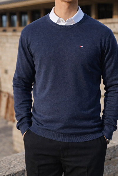 comstar Men's Winter Crew Neck Slim Fit Blue Basic Sweater