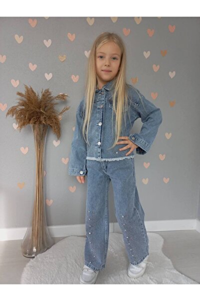 gnygiyim Σετ τζιν με λεπτομέρεια από γυαλιστερή πέτρα για κορίτσια, τζιν παντ...