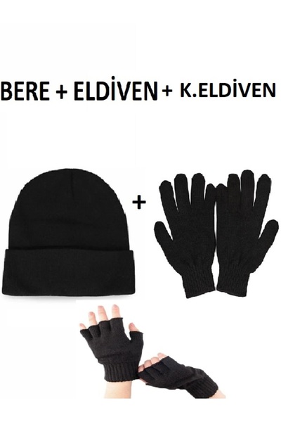 Winesso Unisex Beanie Long Gloves Cut Gloves 3-Piece Winter Combination Black Color Standard Size