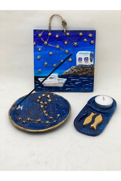 vivus in Balık Burcu Özel Tasarım El Yapımı Üçlü Set - Tablo, tütsülük, mumluk