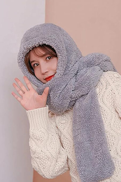 Bundera Kulaksız Scarf Gri Kapşonlu Kadın Peluş Bere Atkı Kadın Welsoft Boyunluk Şal Rüzgar Geçirmez Şapka