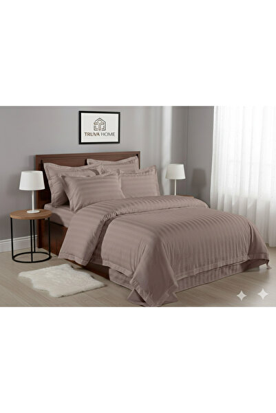 Truva Grup Double Bed Linen with Elastic - Premium Damask 6 Pieces, 180X200 cm, Satin Stripe Pattern