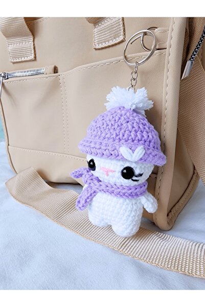 rmys Atkı Detaylı, Ponponlu Bereli Amigurumi Kedi Anahtarlık- Lila
