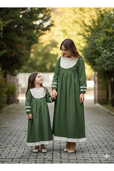 sarena Yeşil Pazen Kumaş %100 Pamuk Organik Anne Çocuk Kombin Elbise