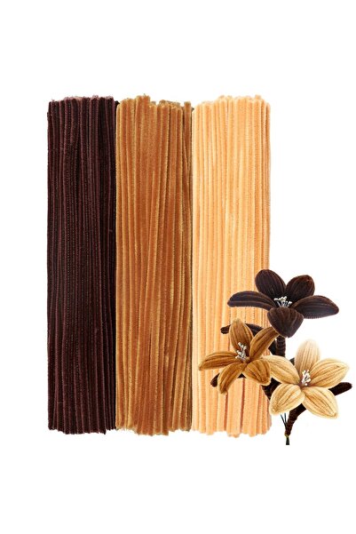 Hobialem 75 Adet 3'lü Şönil Seti , Kahverengi , Bej ve Krem Renk ,Çiçek Yapımına Uygun Tüylü Tel